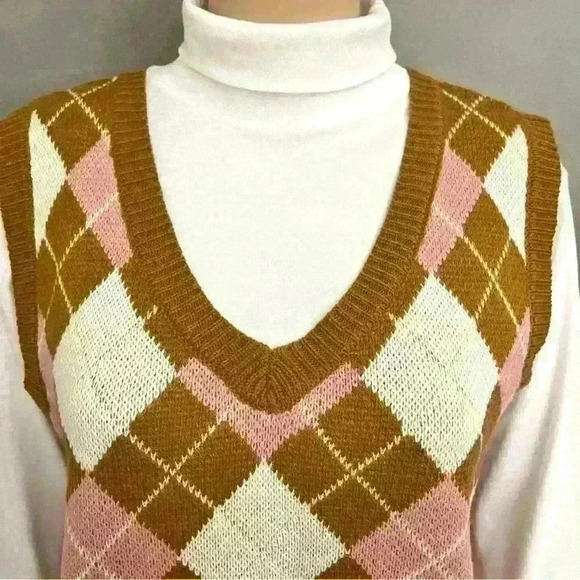 NOBO Y2K Oversized Diamond Pink &  Brown V-neck Cropped Short Sweater Vest - Picture 2 of 13
